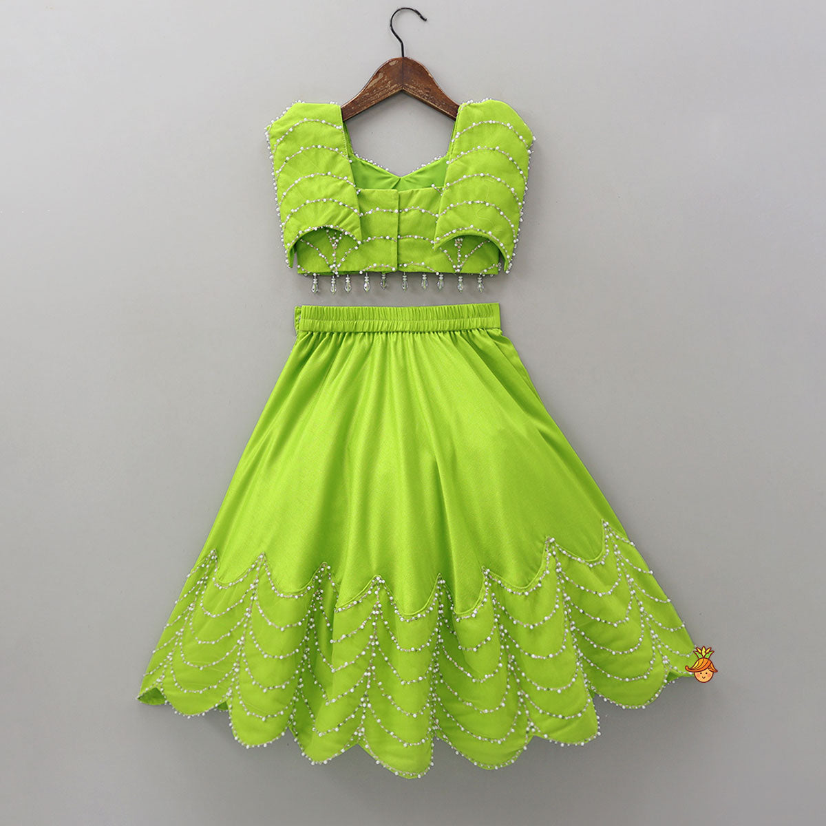 Stylish Sleeves Crop Top And Scalloped Hem Lehenga With Net Dupatta