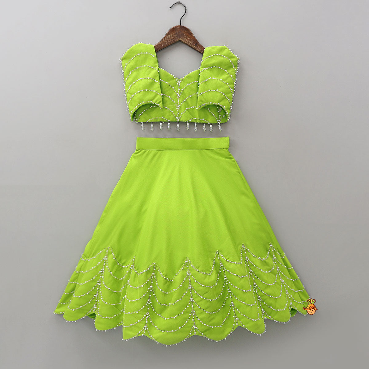 Stylish Sleeves Crop Top And Scalloped Hem Lehenga With Net Dupatta