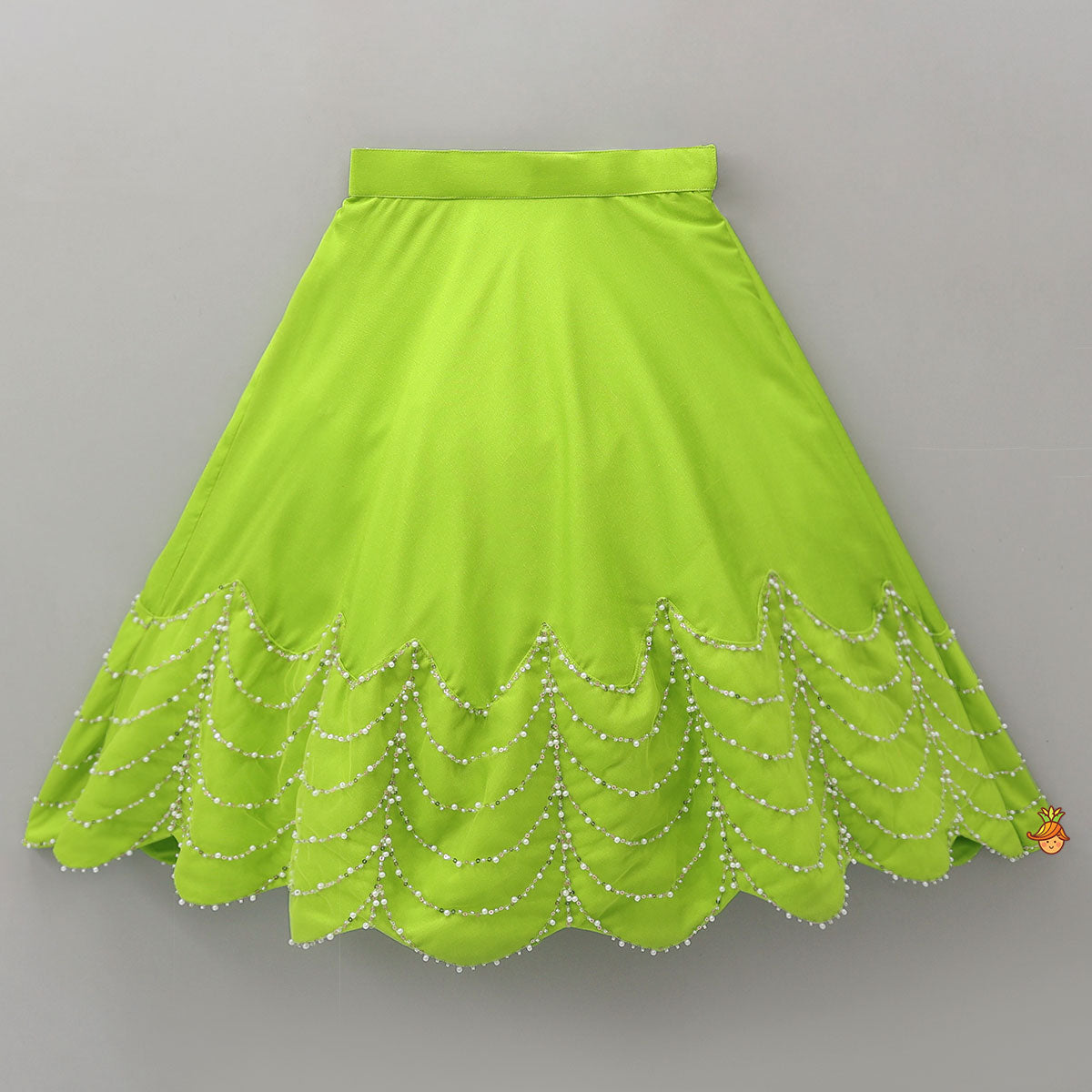 Stylish Sleeves Crop Top And Scalloped Hem Lehenga With Net Dupatta