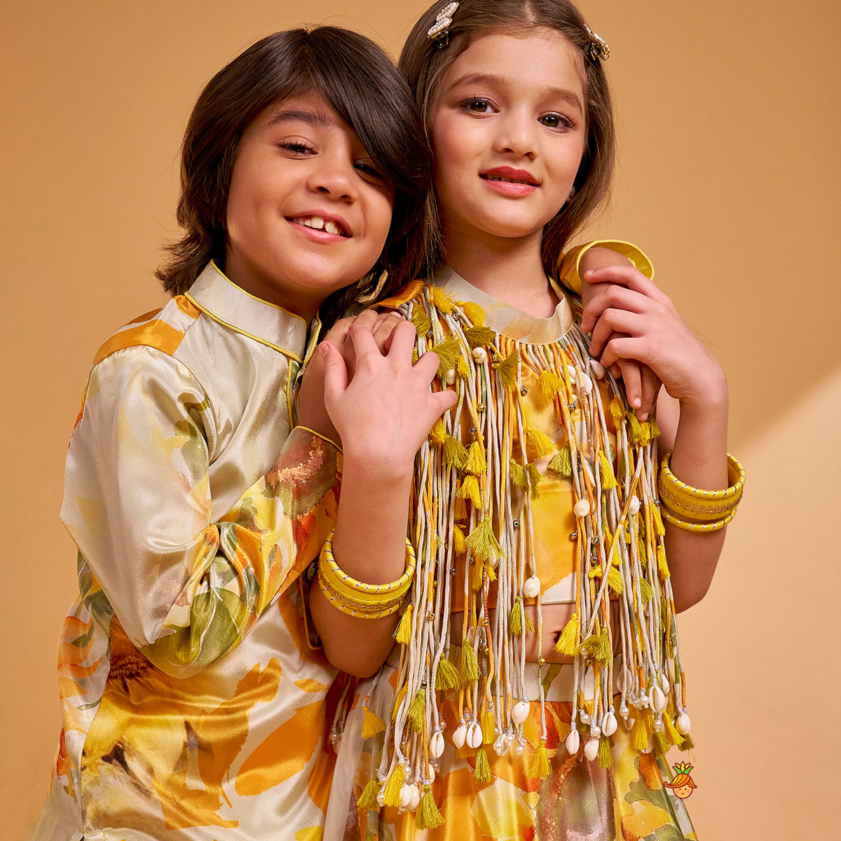Multiple Hanging Tassel Detail Crop Top And Lehenga twinning model image 2