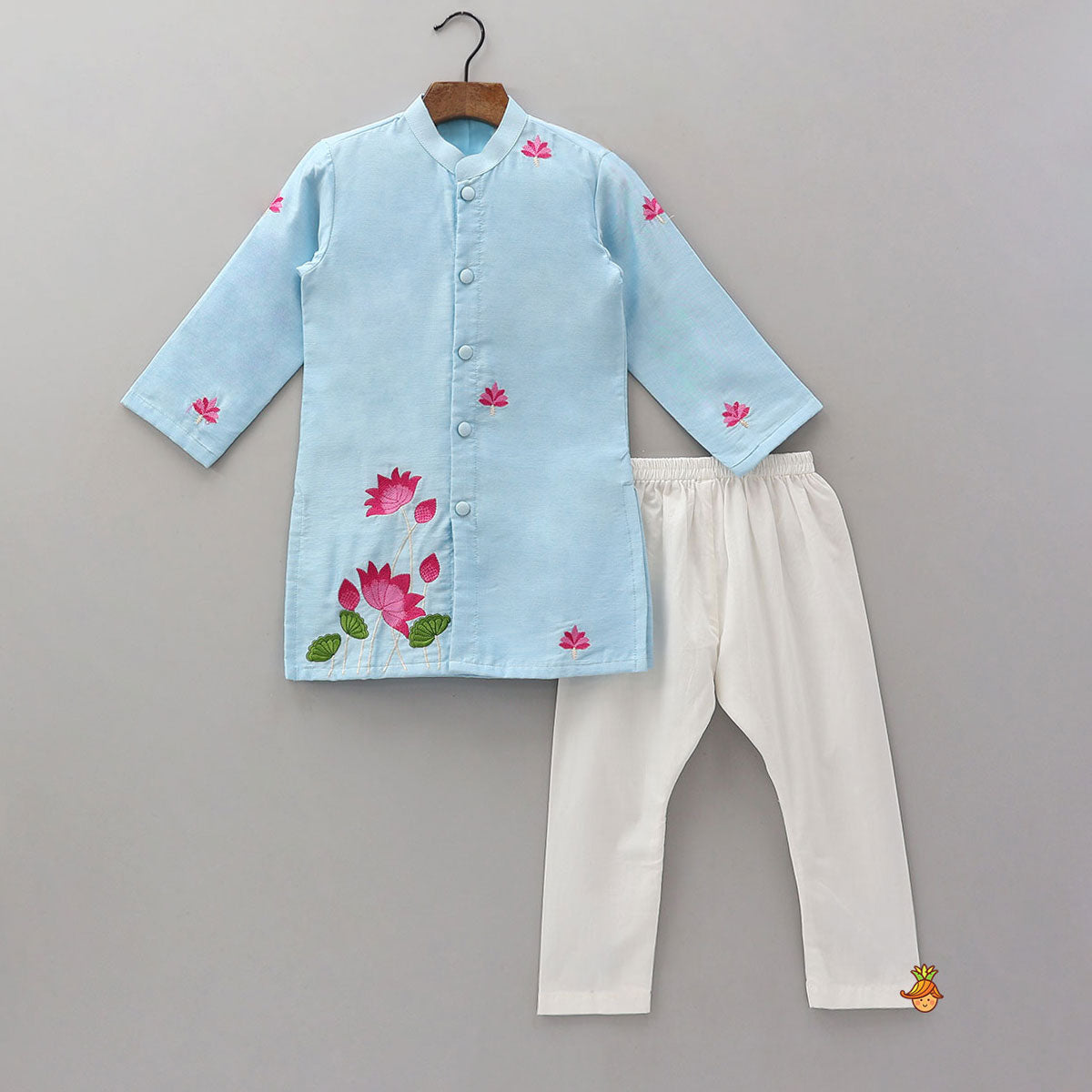 Floral Embroidered Cotton Kurta And Pyjama