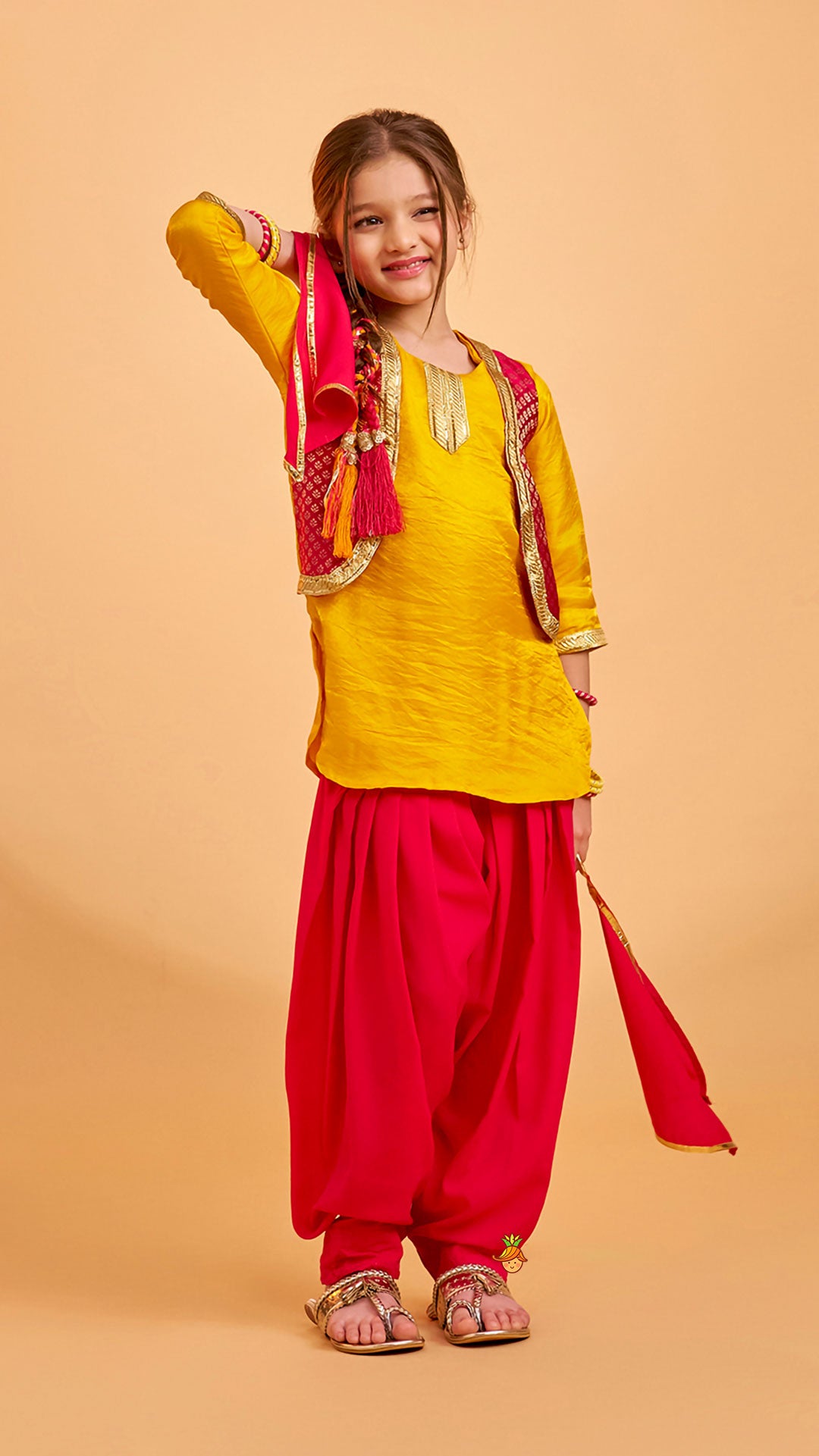 Shimmery Festive Kurti With Salwar And Dupatta With Hand Accessory