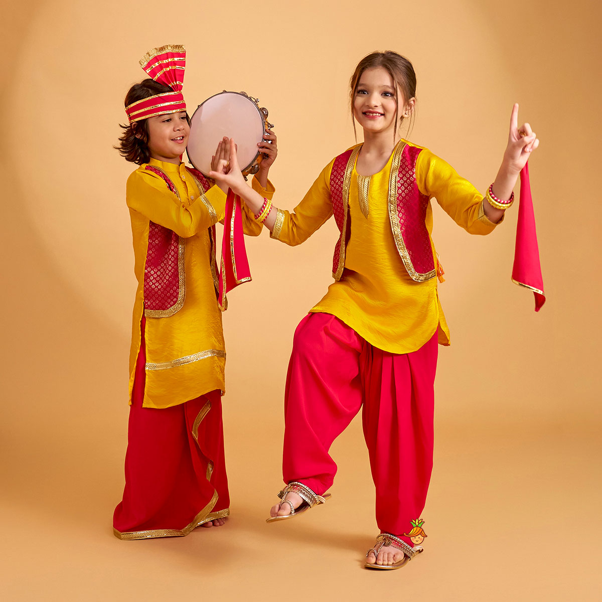 Shimmery Festive Kurti With Salwar And Dupatta With Hand Accessory twinning model image 2