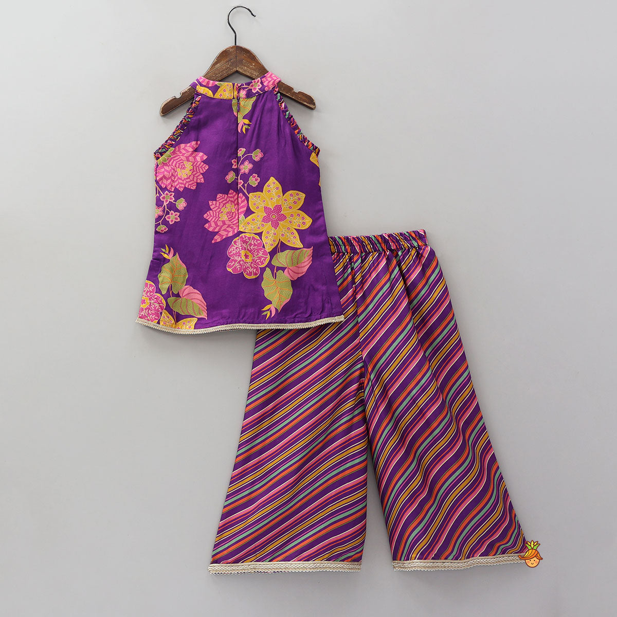 Yoke Embroidered Sleeveless Kurti And Striped Palazzo With Net Dupatta