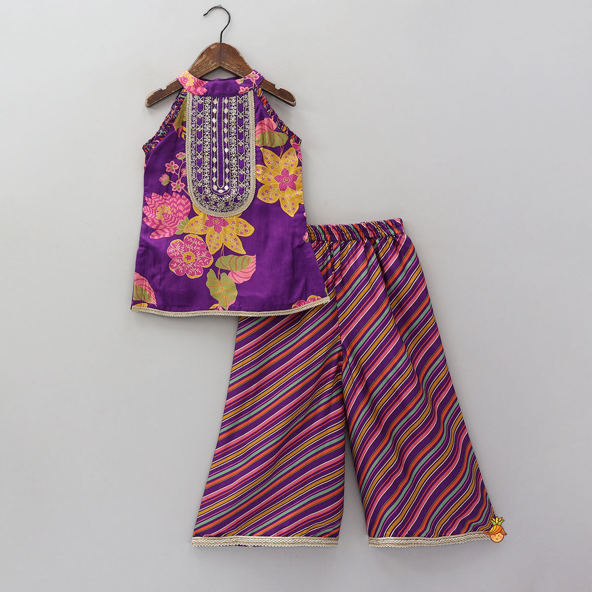 Yoke Embroidered Sleeveless Kurti And Striped Palazzo With Net Dupatta