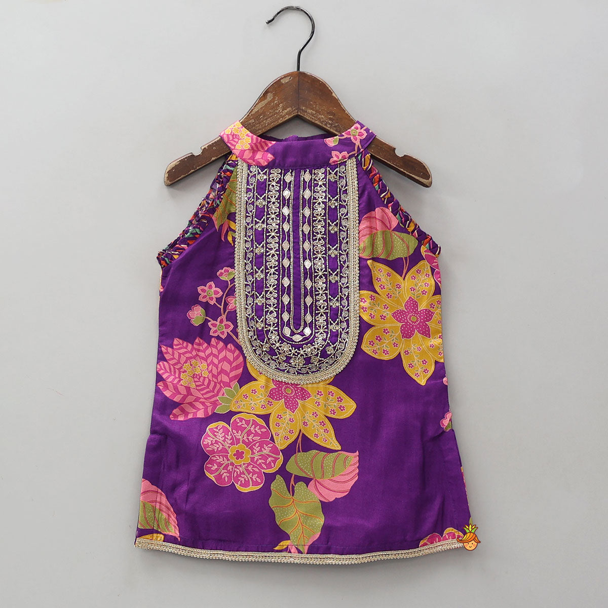 Yoke Embroidered Sleeveless Kurti And Striped Palazzo With Net Dupatta