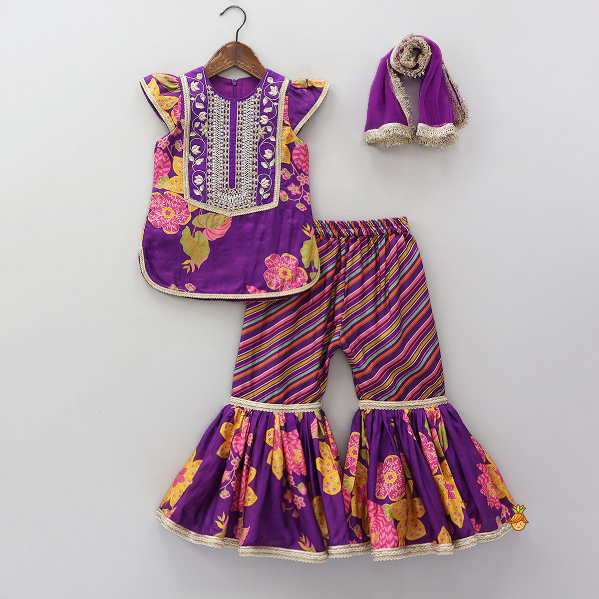 Yoke Embroidered Kurti And Striped Sharara With Net Dupatta