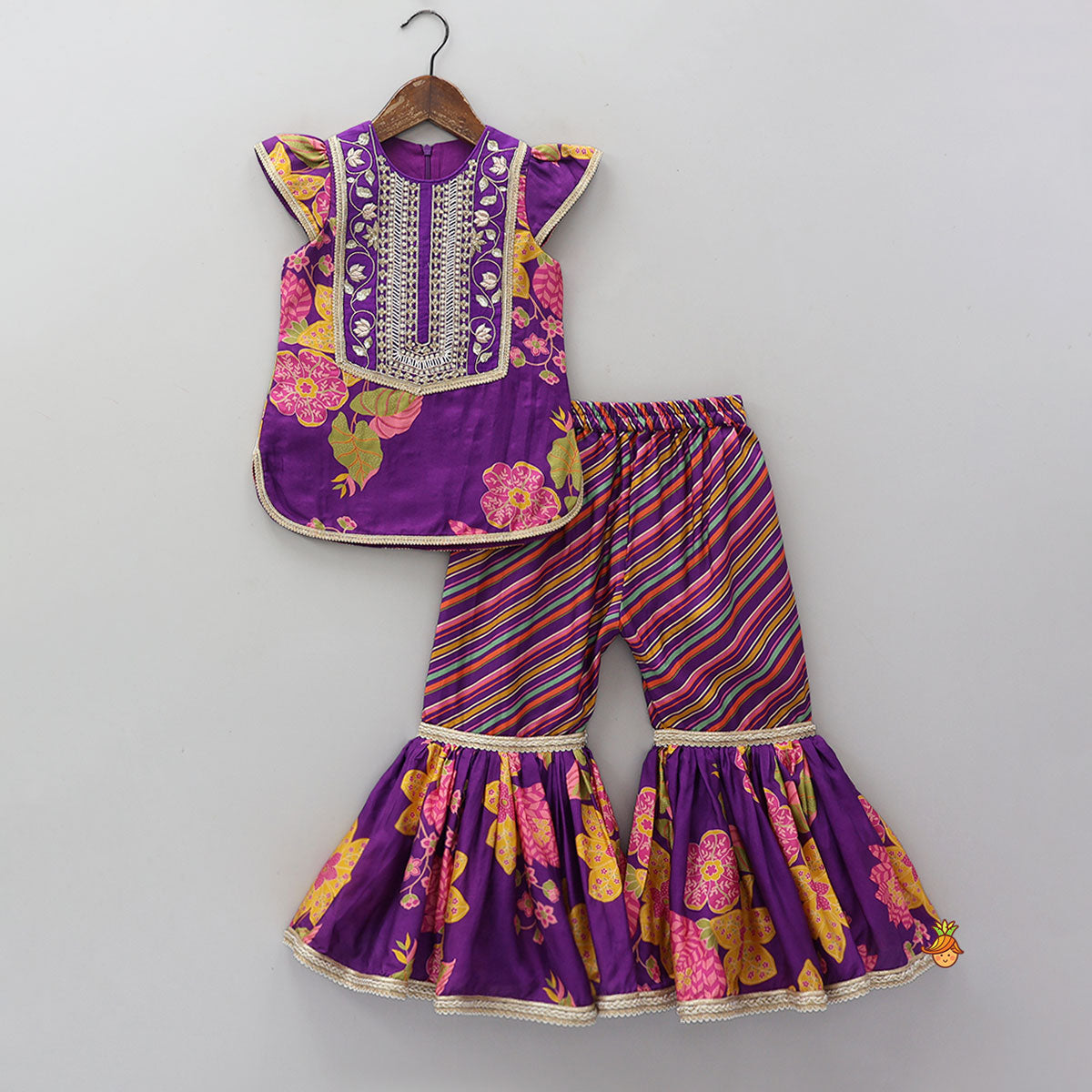 Yoke Embroidered Kurti And Striped Sharara With Net Dupatta