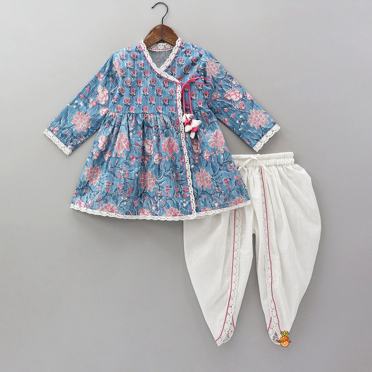 Lurex Striped Hand Block Printed Angarkha Kurti And Dhoti