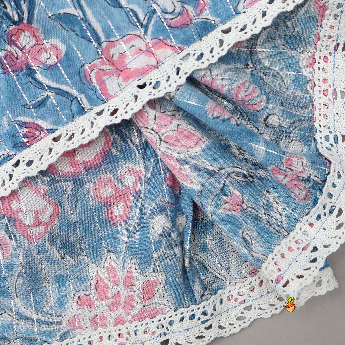 Lurex Striped Hand Block Printed Angarkha Kurti And Dhoti