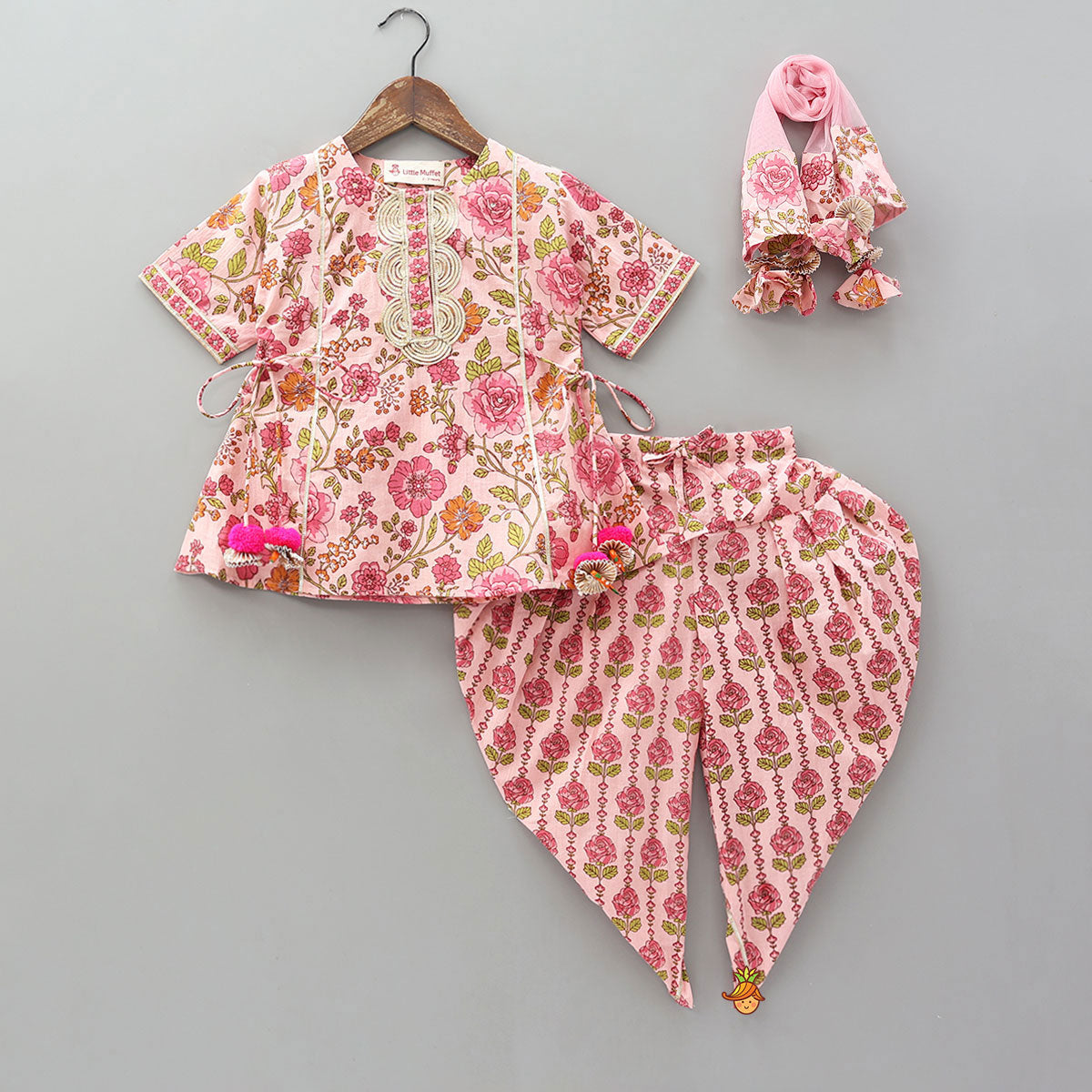 Side Knot Detail Floral Top And Dhoti With Net Dupatta