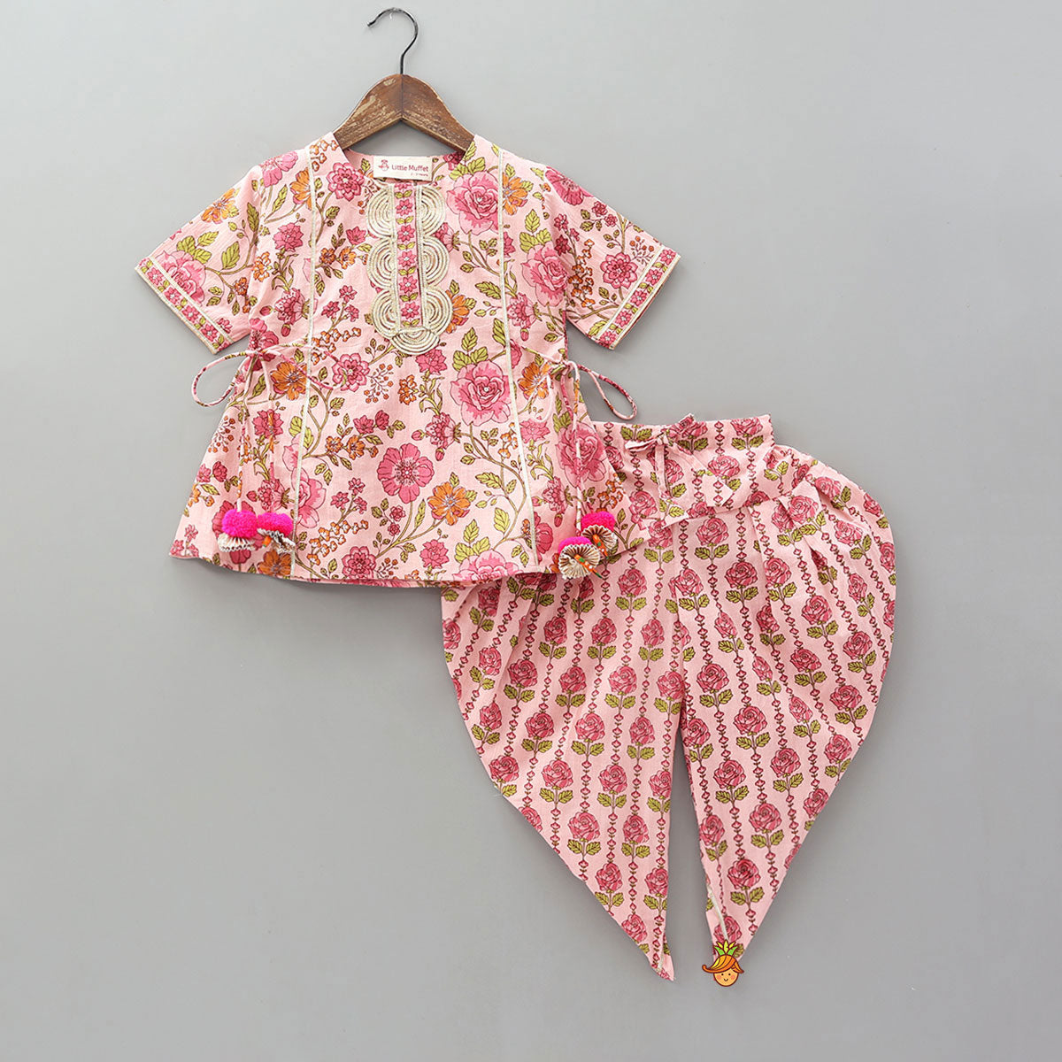 Side Knot Detail Floral Top And Dhoti With Net Dupatta
