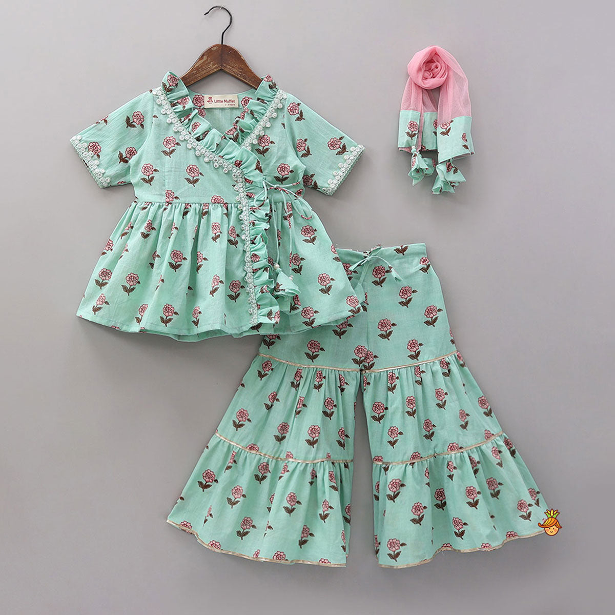 Printed Angarkha Style Elegant Kurti And Sharara With Dupatta