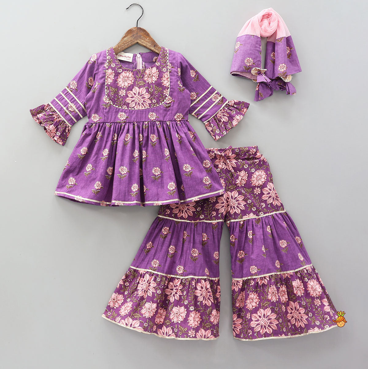Beautifully Printed Kurti With Sharara And Dupatta