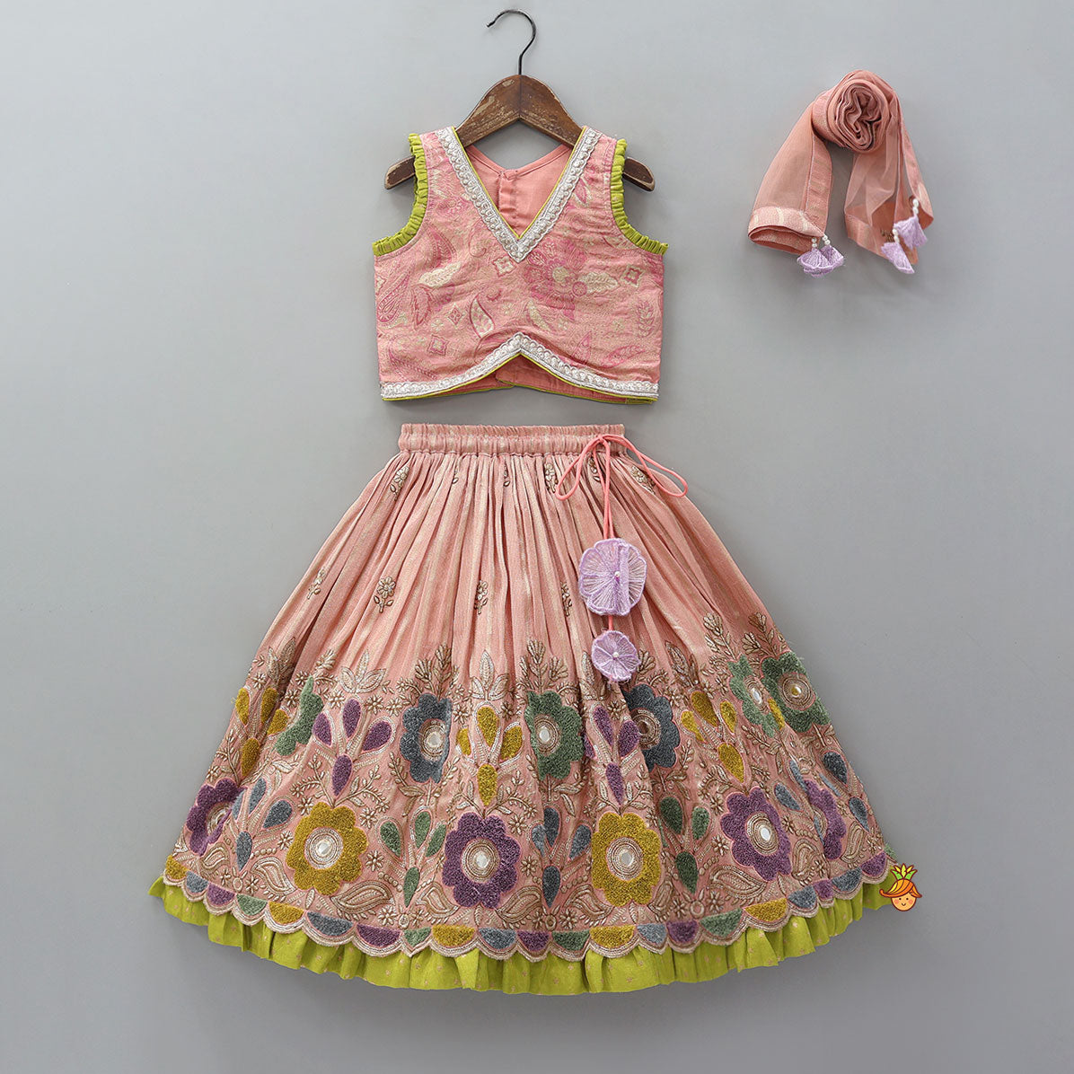 Pleated Armhole Elegant Top And Shimmery Lehenga With Matching Net Dupatta