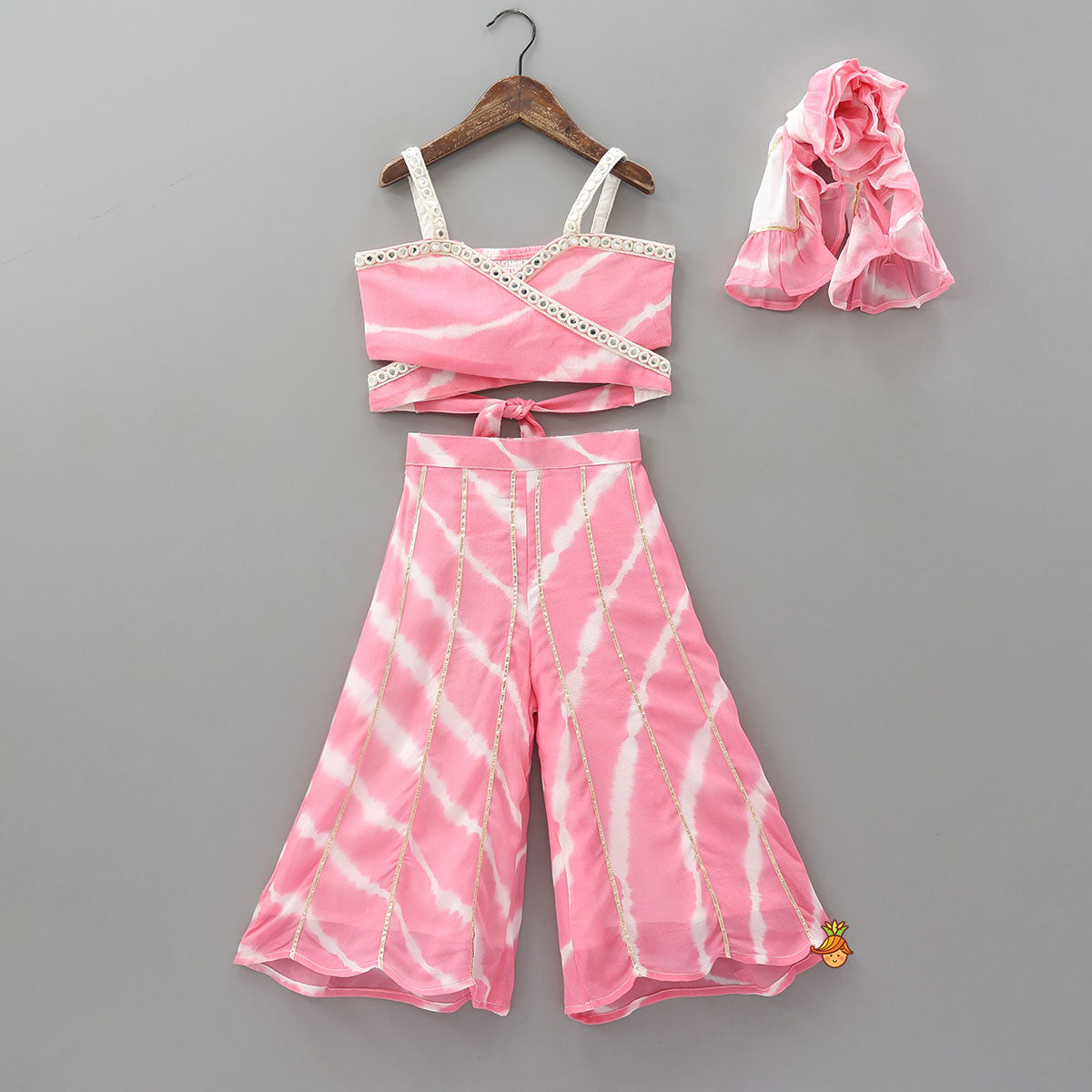 Tie Dye Wrap Style Crop Top With Palazzo And Dupatta