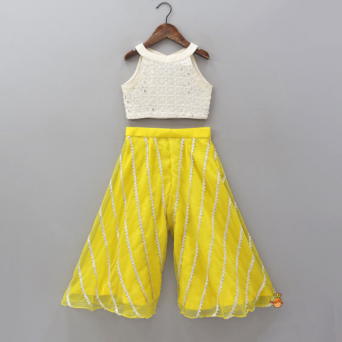 Faux Mirror Work Crop Top And Contrasting Palazzo