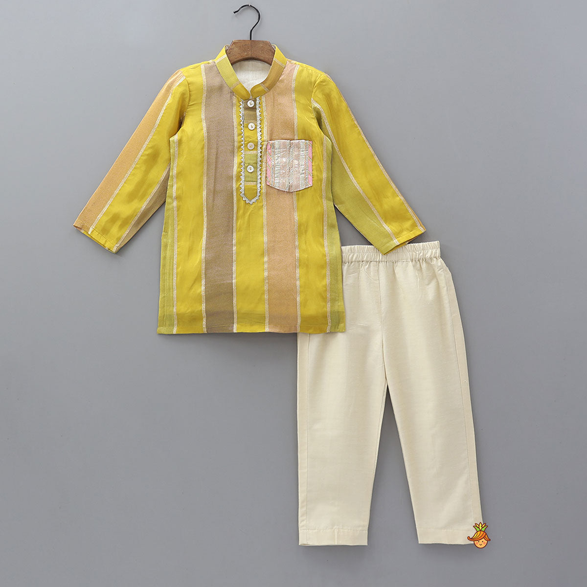 Shimmer Lace Detailed Contrast Striped Kurta With Pyjama