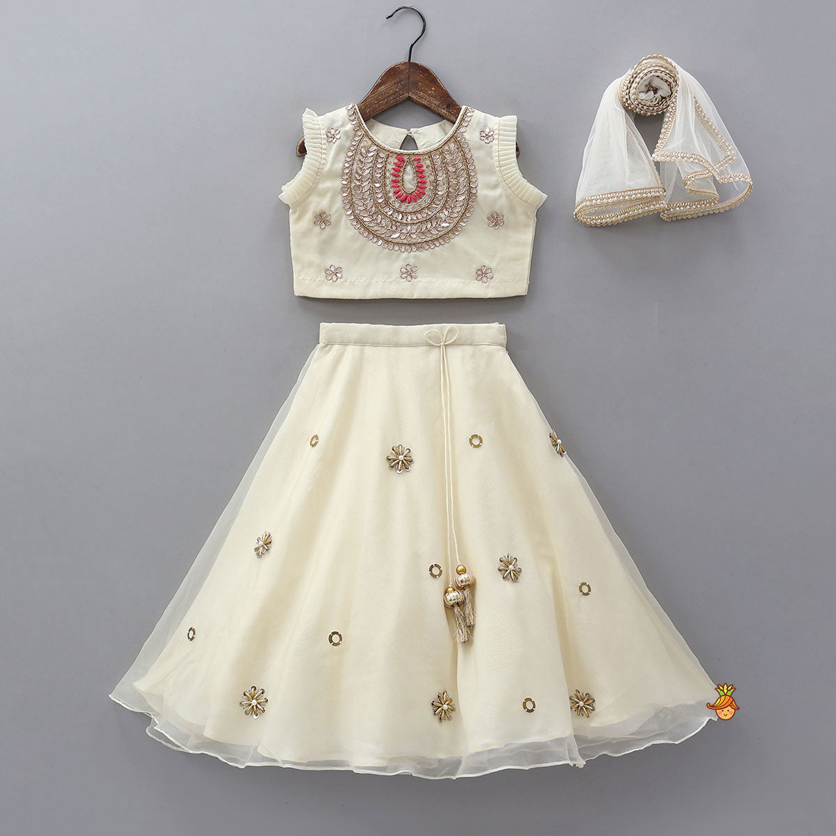 Pleated Armhole Crop Top And Lehenga With Net Dupatta