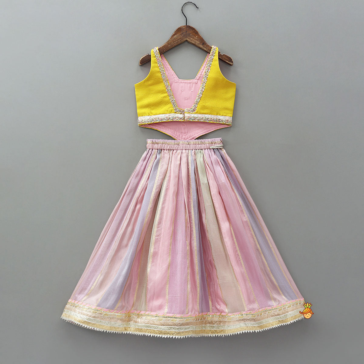 Mirror Work Top And Shimmery Lehenga With Detachable Dupatta And Heart Shaped Bag