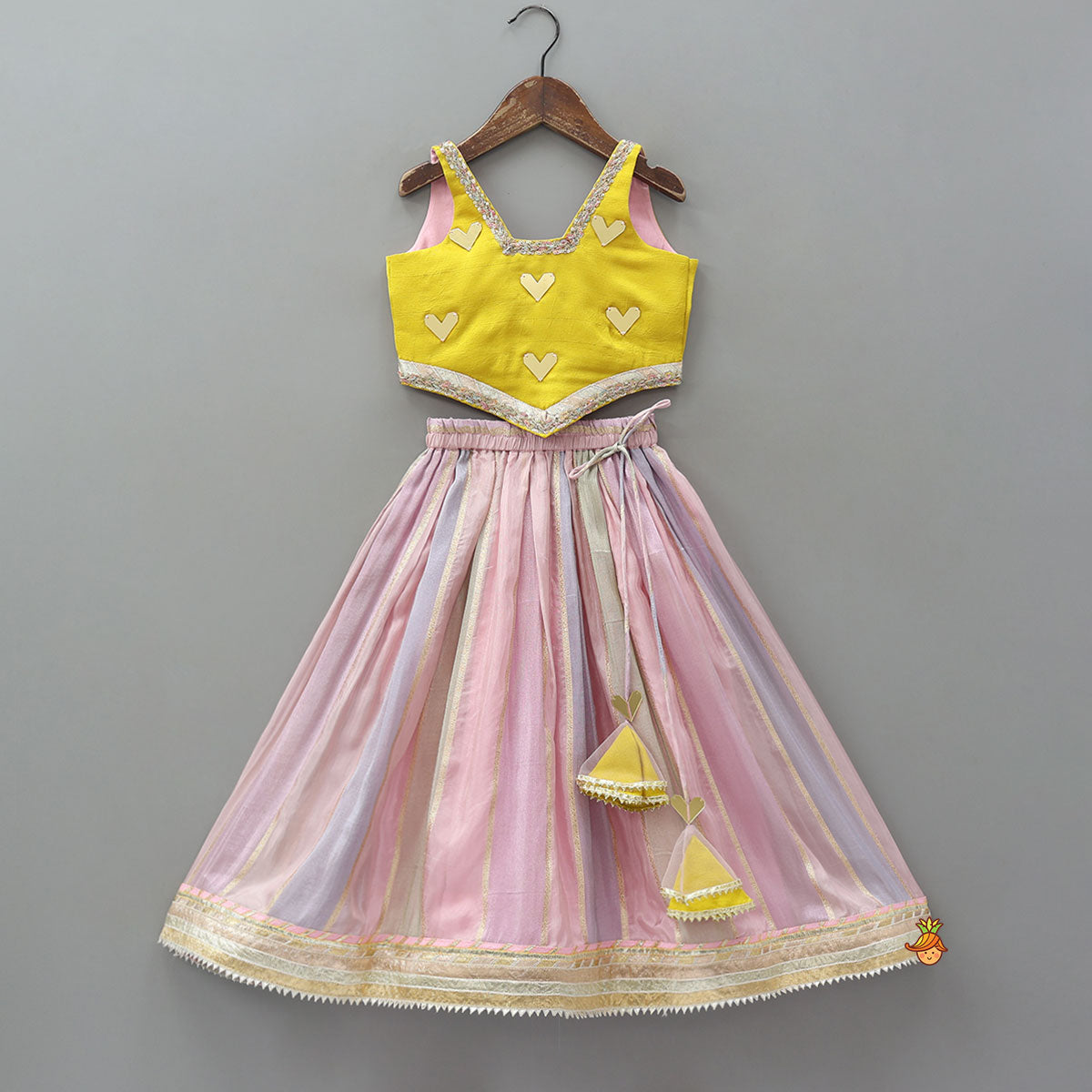 Mirror Work Top And Shimmery Lehenga With Detachable Dupatta And Heart Shaped Bag