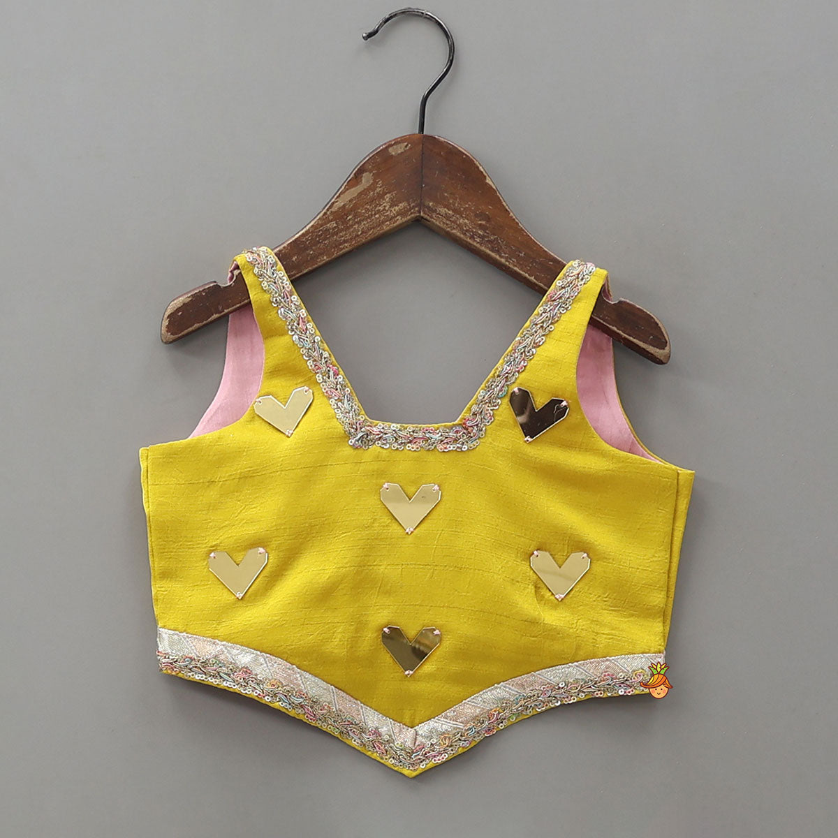 Mirror Work Top And Shimmery Lehenga With Detachable Dupatta And Heart Shaped Bag