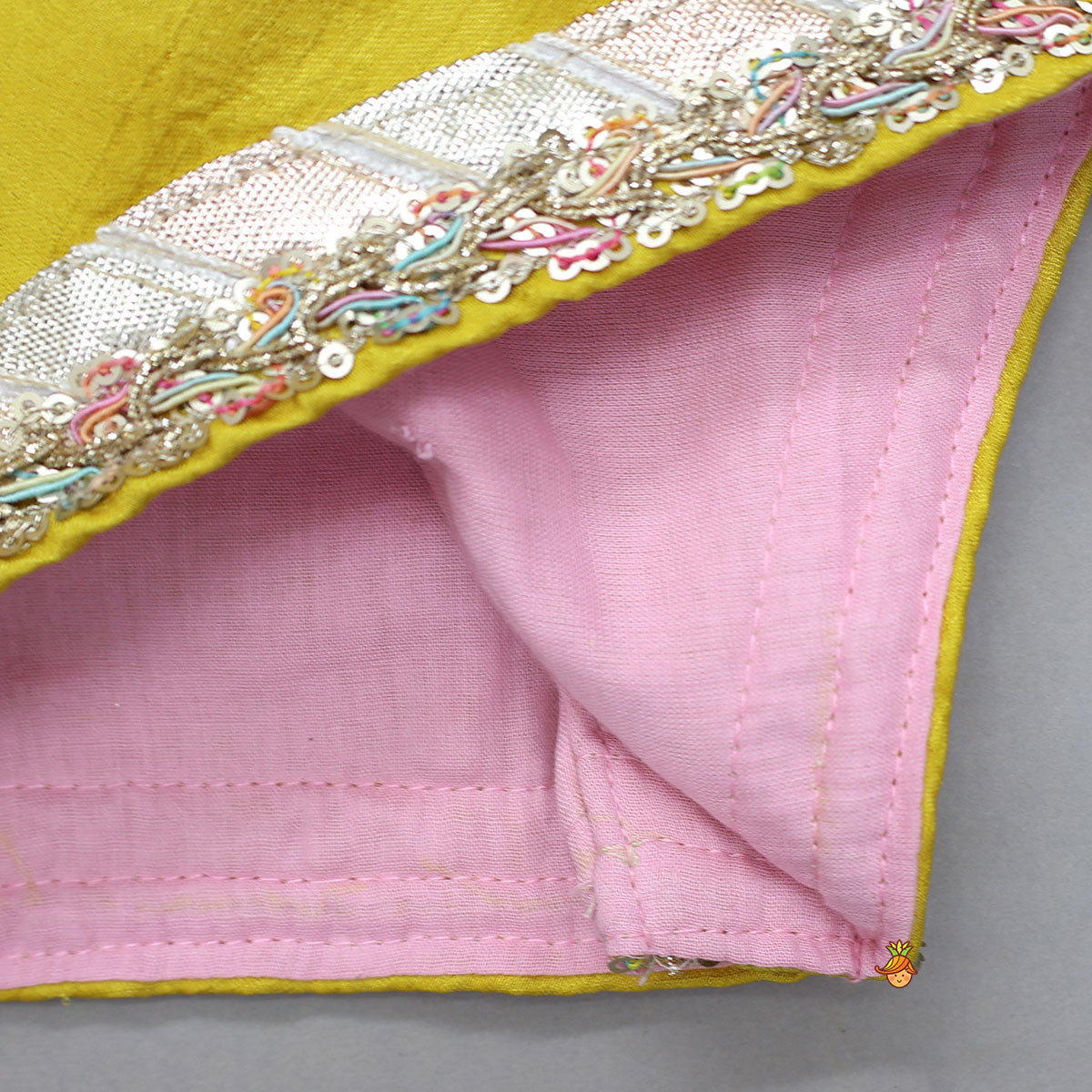 Mirror Work Top And Shimmery Lehenga With Detachable Dupatta And Heart Shaped Bag