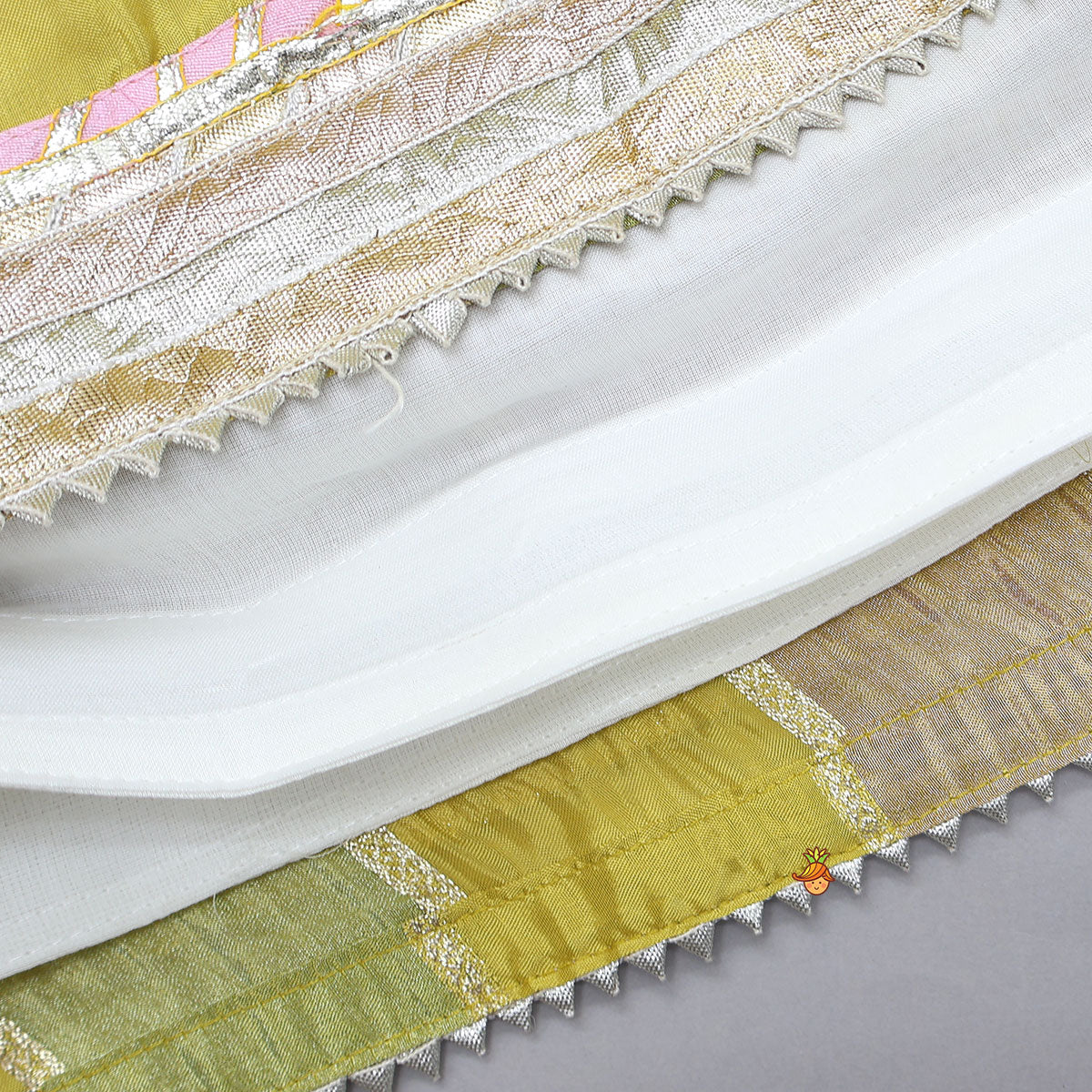 Mirror Work Top And Shimmery Lehenga With Detachable Dupatta And Heart Shaped Bag