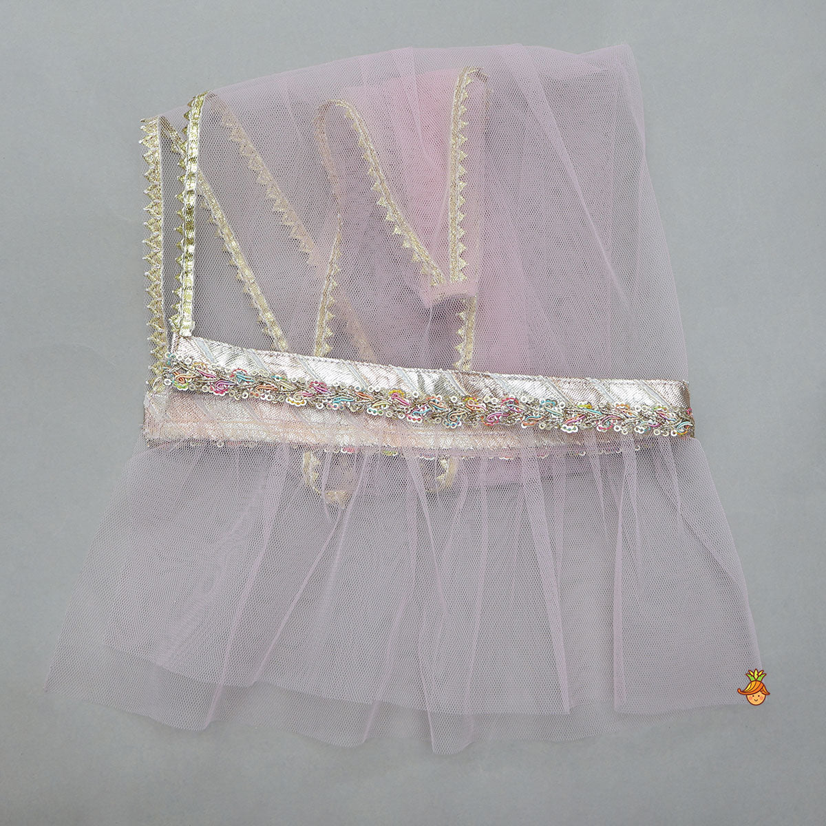 Mirror Work Top And Shimmery Lehenga With Detachable Dupatta And Heart Shaped Bag