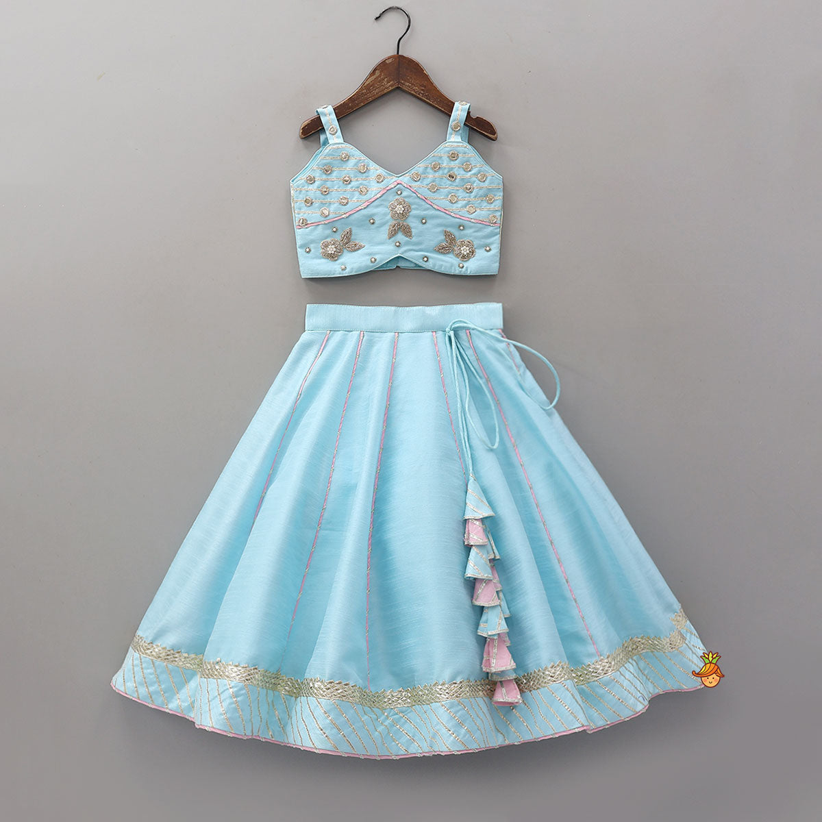 Embroidered Strappy Crop Top And Lehenga With Net Dupatta