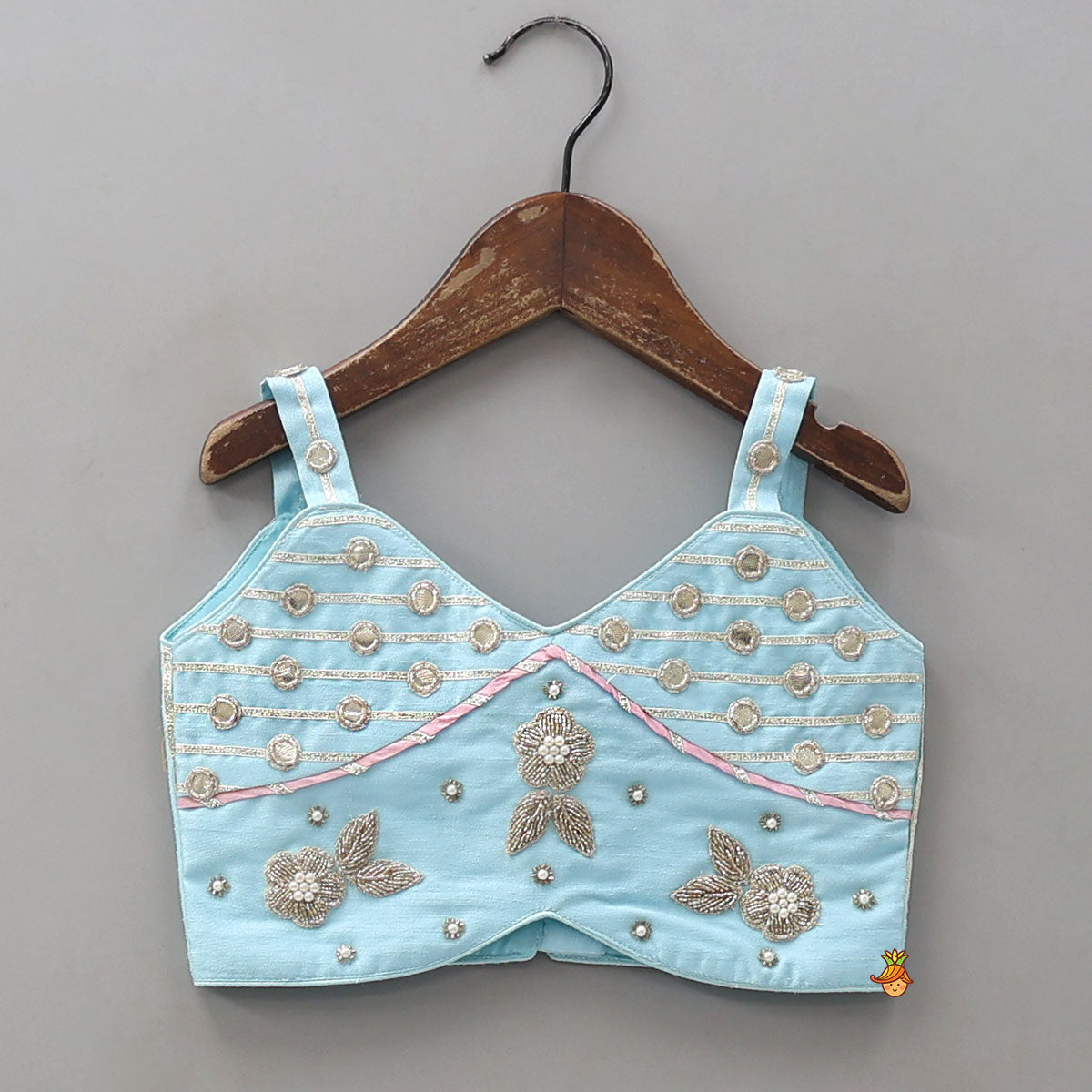 Embroidered Strappy Crop Top And Lehenga With Net Dupatta