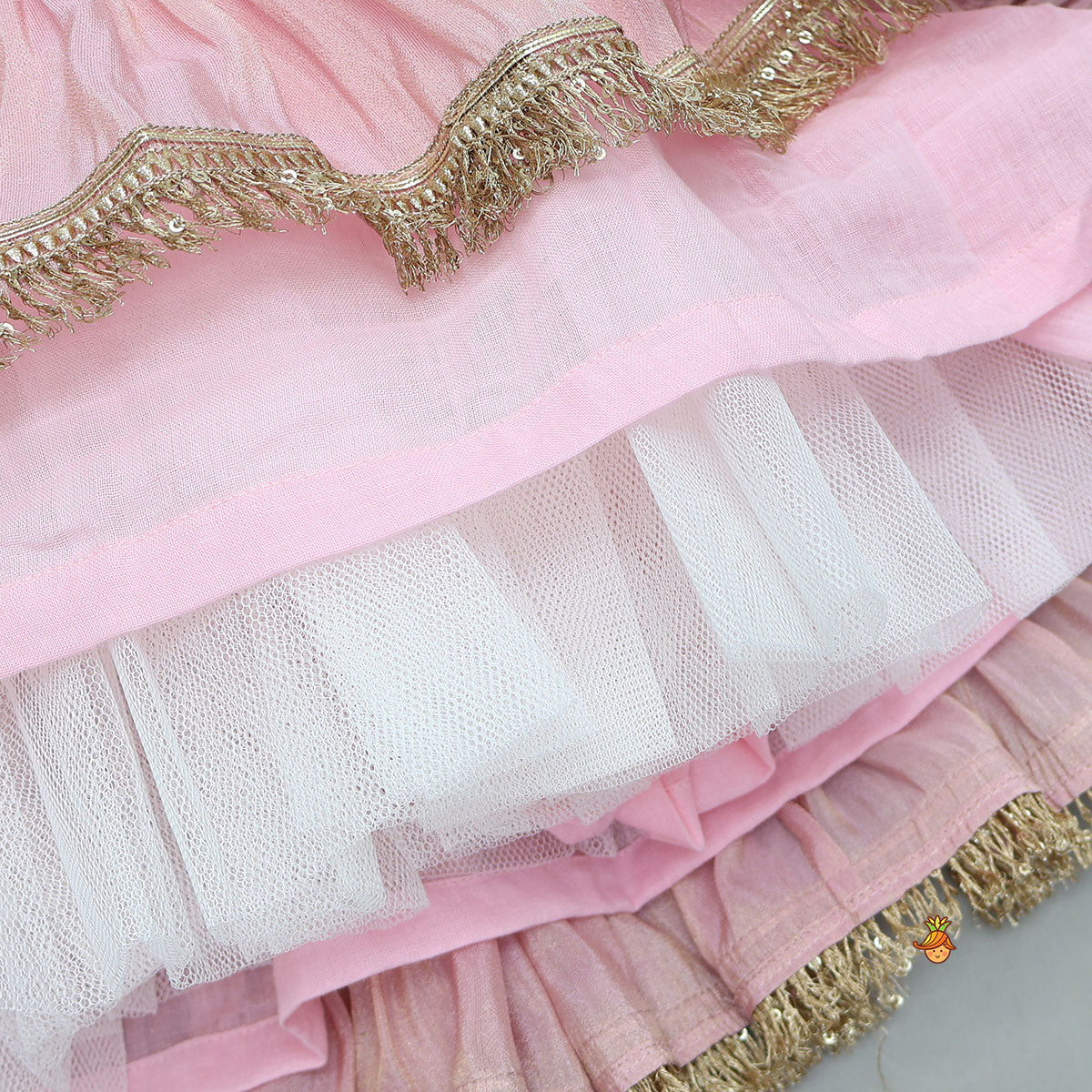 Triple Knot Detail Shimmery Top And Lehenga With Net Dupatta