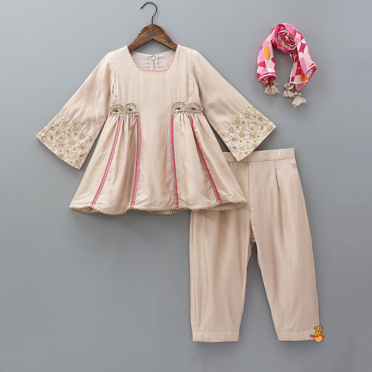 Side Gathered Kurti And Pant With Contrasting Dupatta