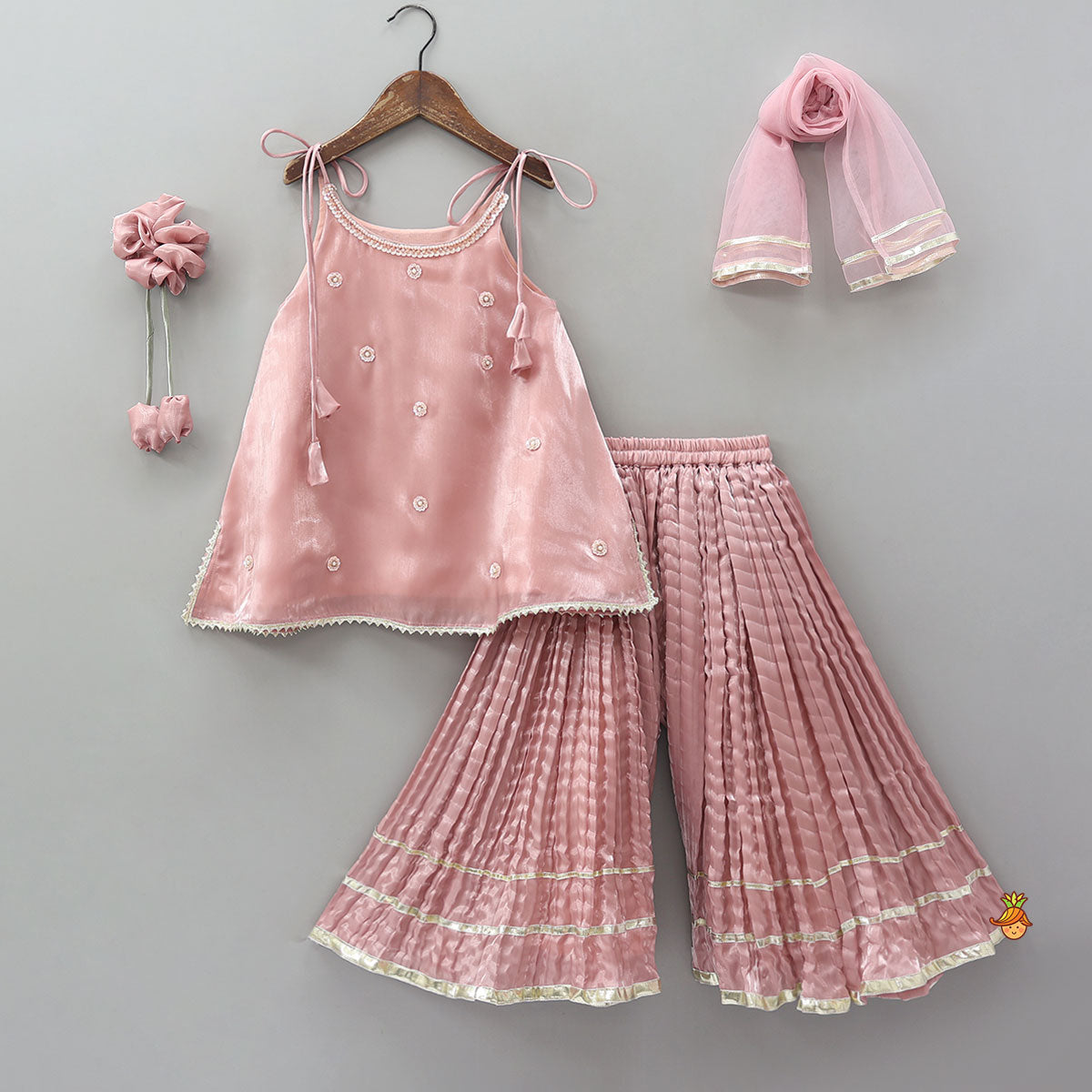 Sleeveless Sheen Kurti And Crushed Fabric Palazzo With Dupatta And Hair Tie