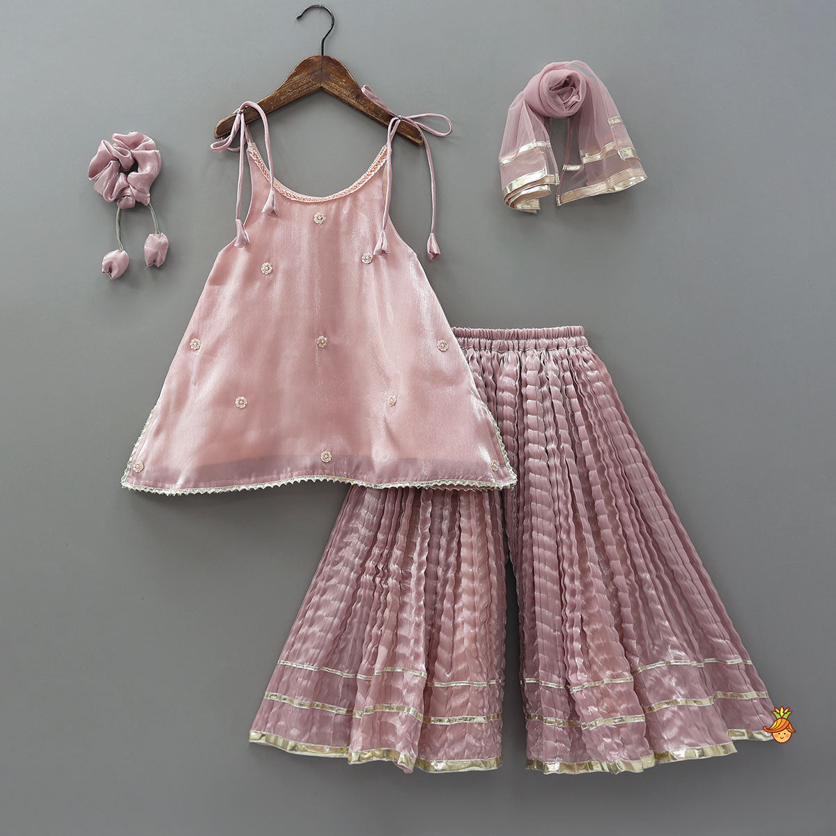 Sleeveless Sheen Kurti And Crushed Fabric Palazzo With Dupatta And Hair Tie