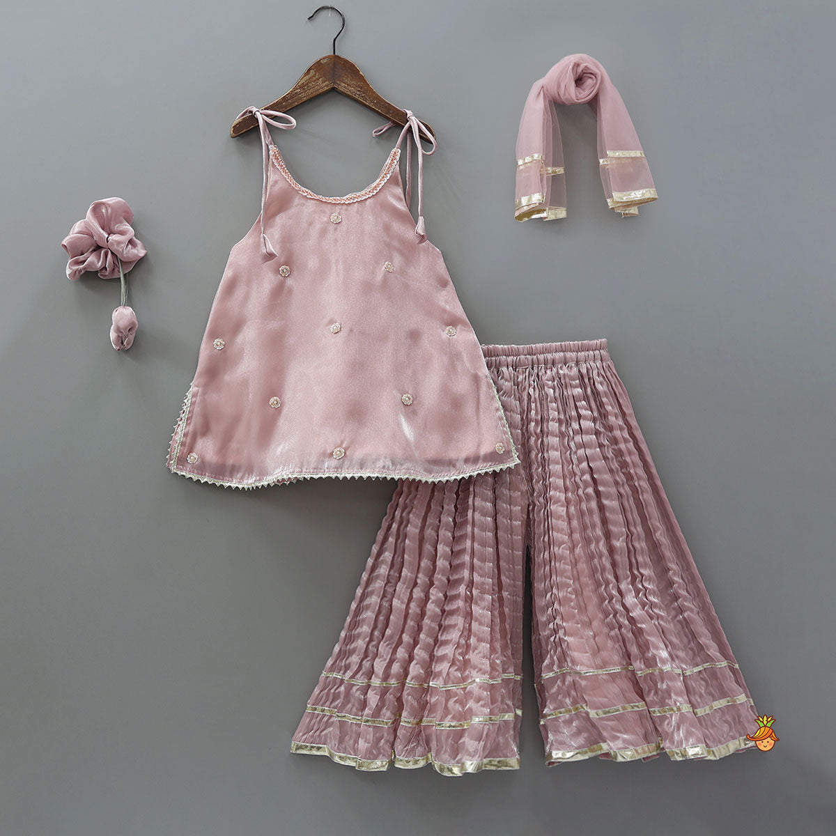 Sleeveless Sheen Kurti And Crushed Fabric Palazzo With Dupatta And Hair Tie