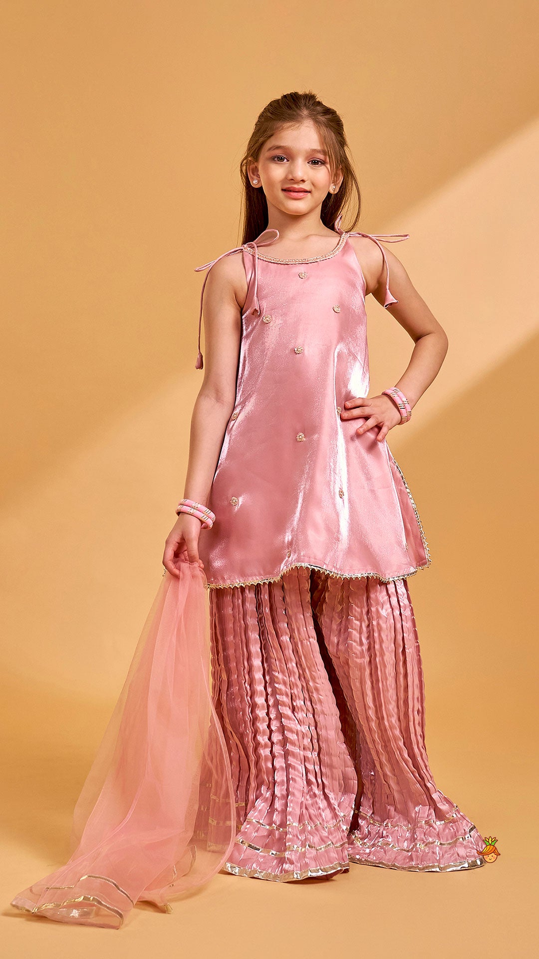 Sleeveless Sheen Kurti And Crushed Fabric Palazzo With Dupatta And Hair Tie