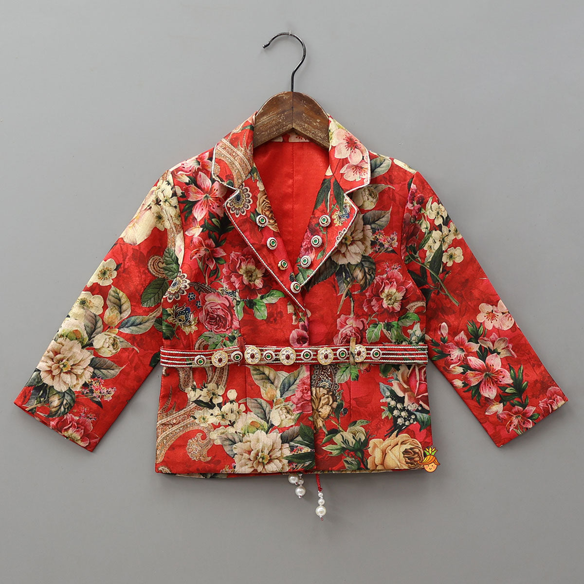Exquisite Floral Printed Jacket Style Top With Flared Pant And Embroidered Belt