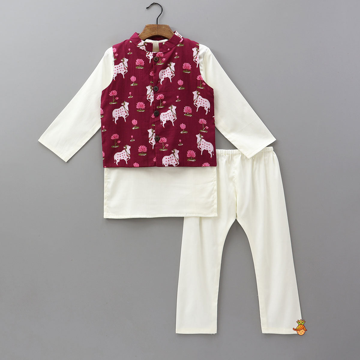 Festive Cotton Ethnic Kurta With Printed Jacket And Pyjama