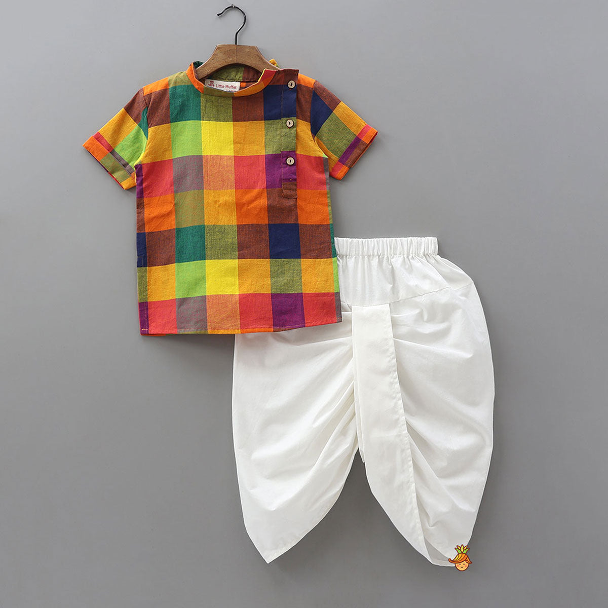 Side Panel Checkered Printed Kurta With Dhoti