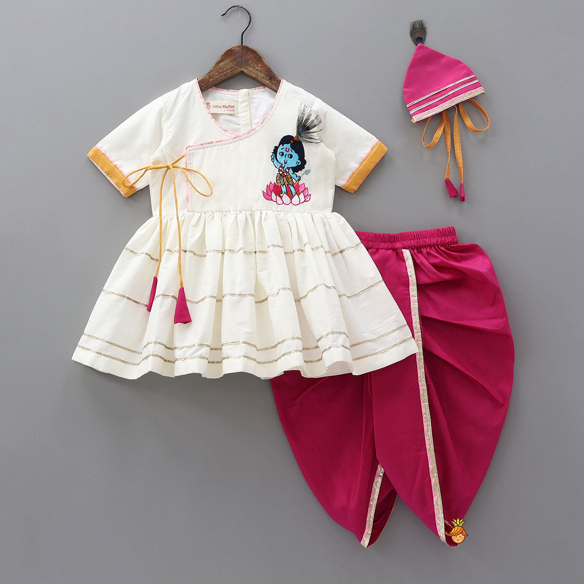 Krishna Embroidered Angarkha Top With Lace Work Dhoti And Mukut