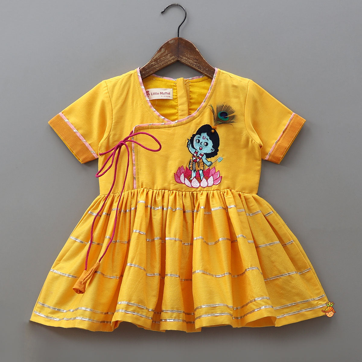 Krishna Embroidered Angarkha Style Top With Lace Work Dhoti And Mukut