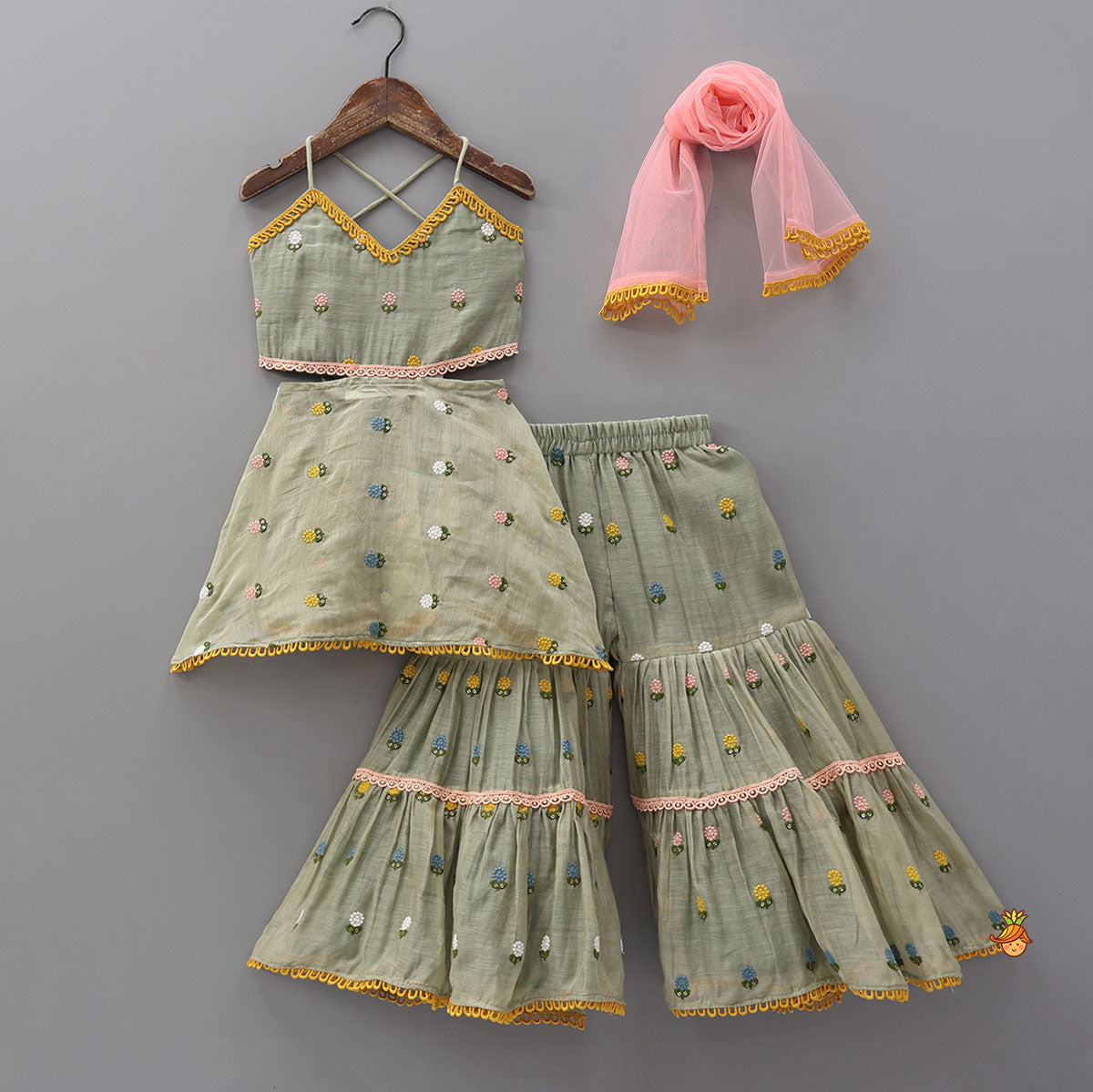 Floral Embroidered Stylish Backless Kurti With Sharara And Dupatta