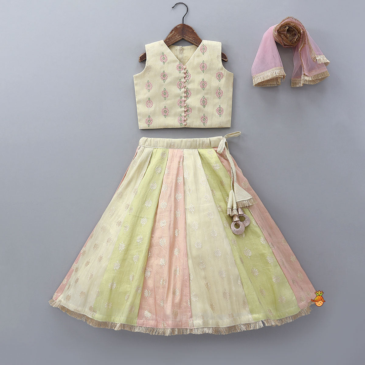 Potli Buttons Detail Shimmery Crop Top And Lehenga With Dupatta