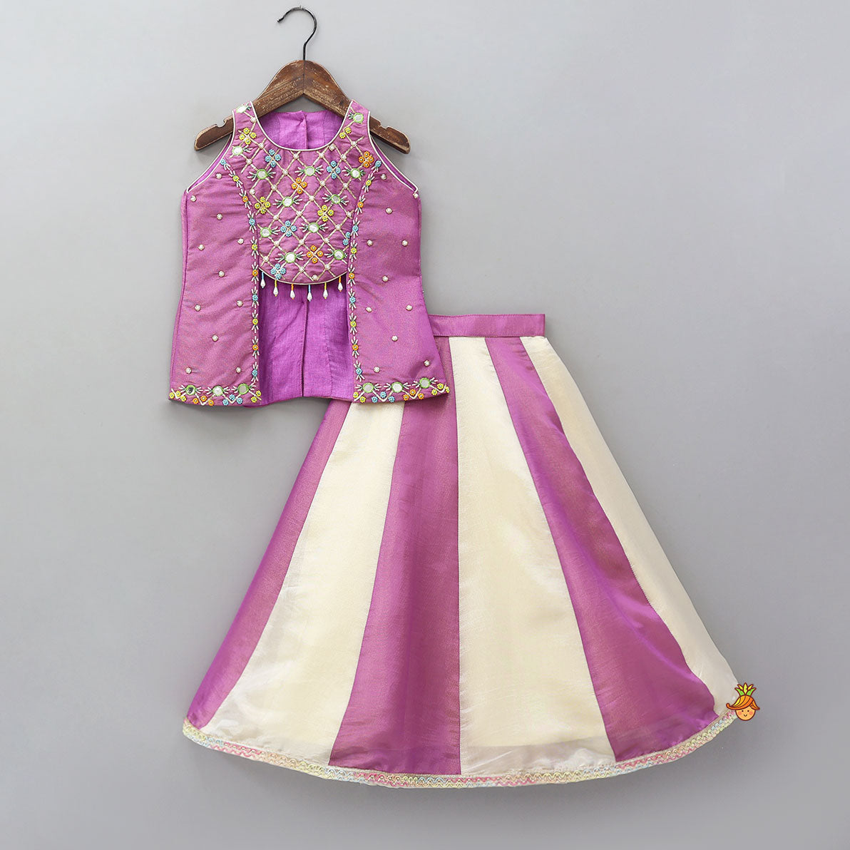 Stylish Front Cut Shimmery Top And Dual Tone Panel Lehenga