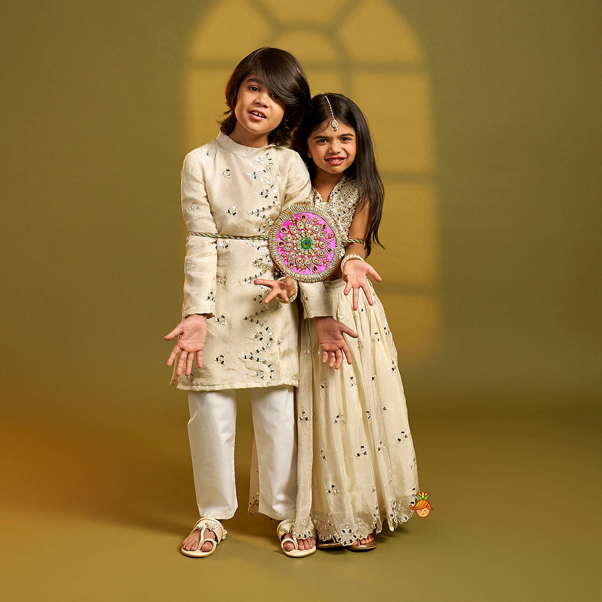 Faux Mirror Hand Work Shimmery Crop Top And Scalloped Lehenga With Matching Dupatta twinning model image 1