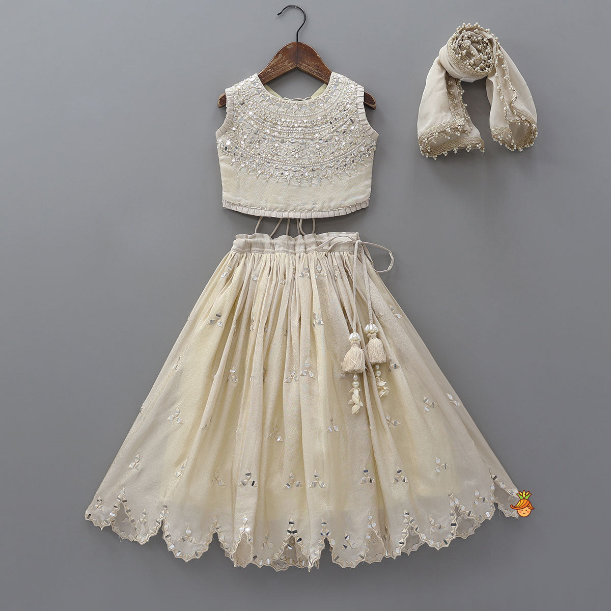 Faux Mirror Hand Work Shimmery Crop Top And Scalloped Lehenga With Matching Dupatta
