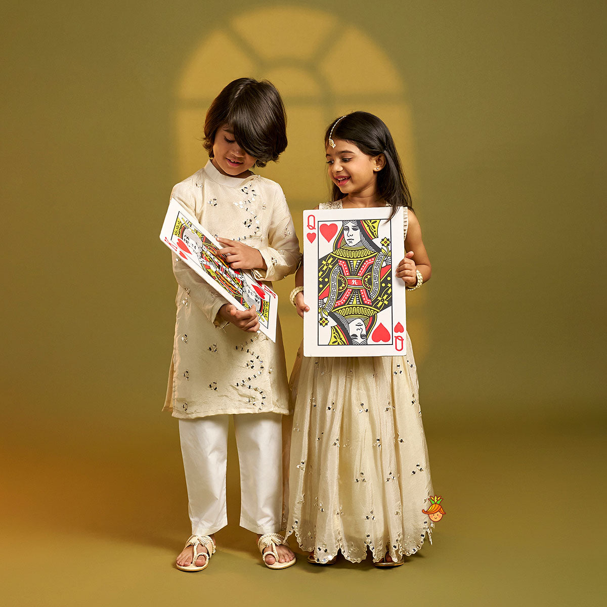 Faux Mirror Hand Work Shimmery Crop Top And Scalloped Lehenga With Matching Dupatta twinning model image 2