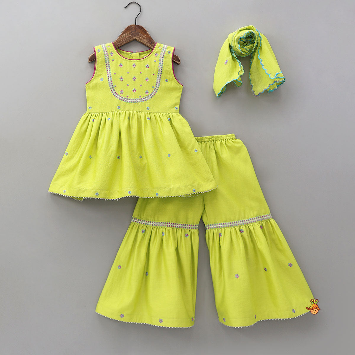 Booti Work Kurti And Sharara With Matching Scalloped Dupatta