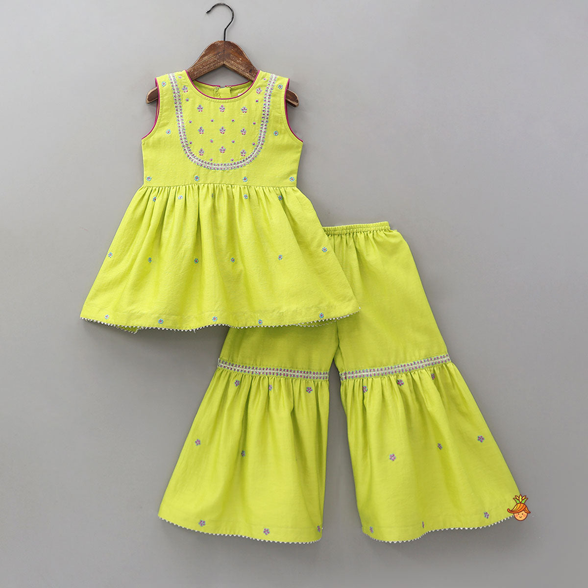 Booti Work Kurti And Sharara With Matching Scalloped Dupatta